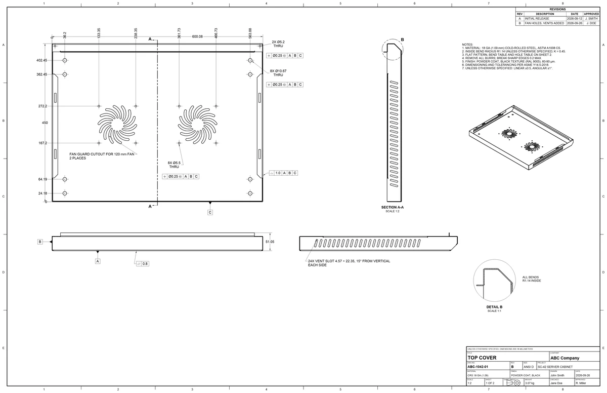 Sheet 1 of the top cover drawing: top, front and right views, ordinate dimensions to every hole, hole callouts with position tolerances, datums A, B and C, flatness and profile frames, Section A-A, Detail B, a pictorial, notes, a revision table and ABC Company's title block