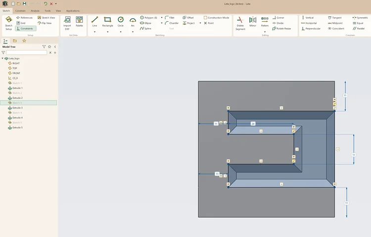 Leta's sketcher editing a letter of the Leta logo, with dimensions and constraint symbols
